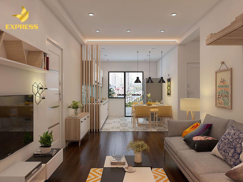 Không gian thiết kế phòng khách liền bếp