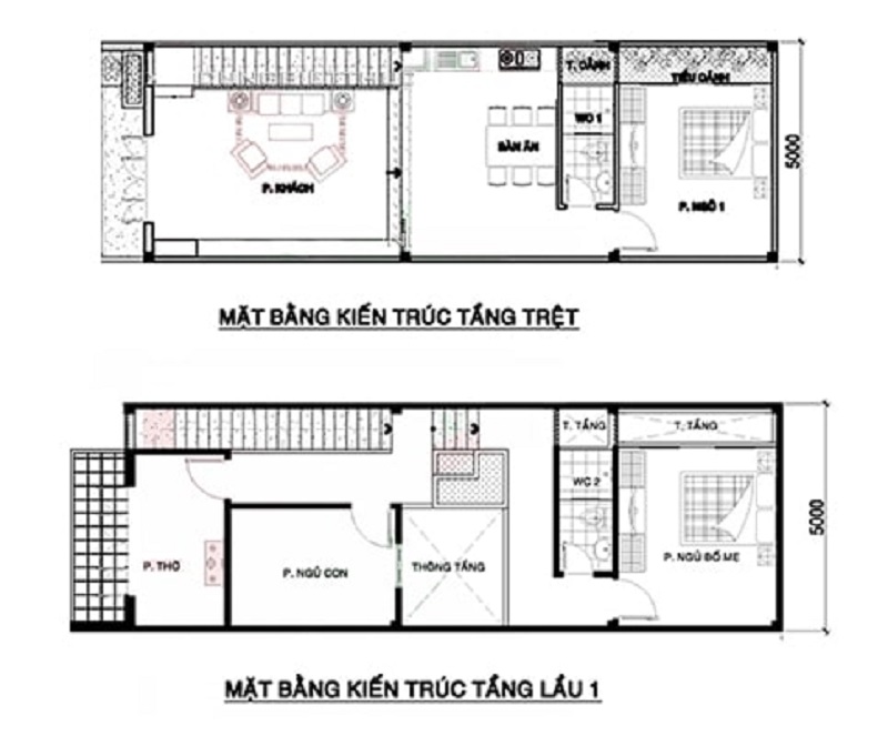 Bản vẽ mẫu nhà đẹp 2 tầng 5x15m hiện nay