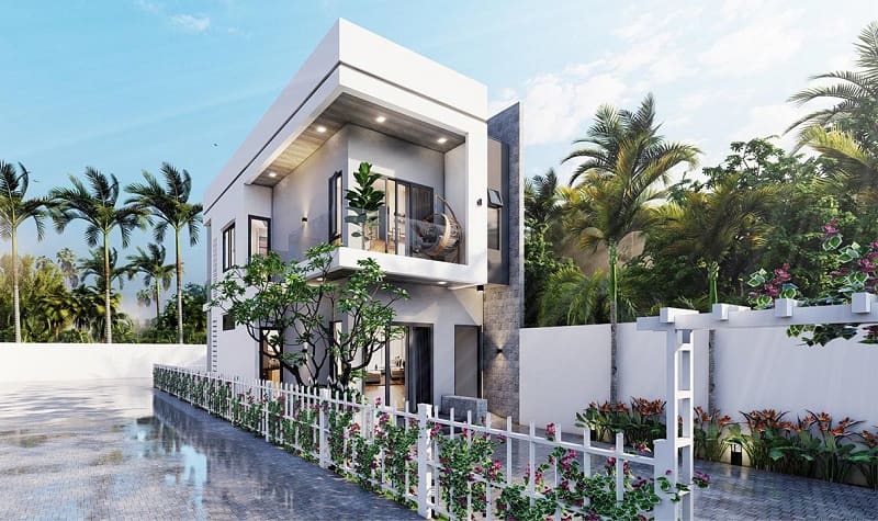 Căn nhà tận dụng chiều dài để tạo thêm sân vườn và gara