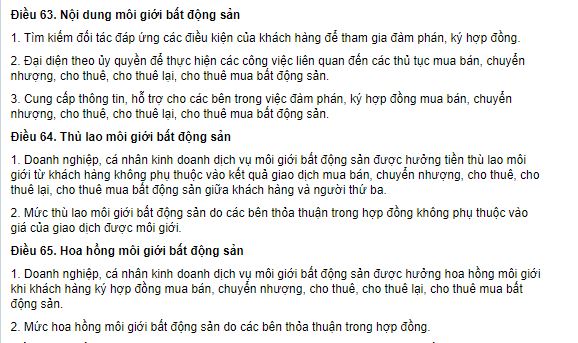 Điều 64 và điều 65 Luật Kinh doanh bất động sản quy định về môi giới nhà đất