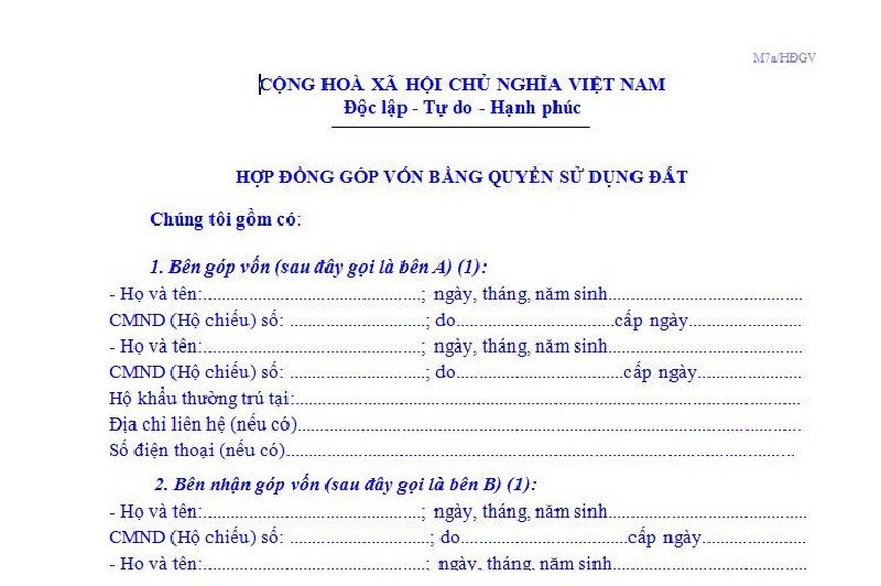 Mẫu hợp đồng góp vốn mua đất