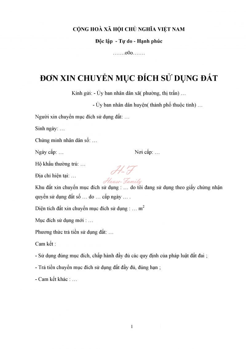 Mẫu đơn xin chuyển mục đích sử dụng đất