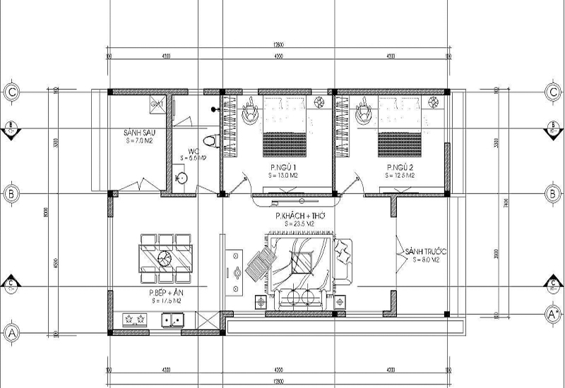 Mẫu thiết kế nhà 1 tầng 2 phòng ngủ 50m2