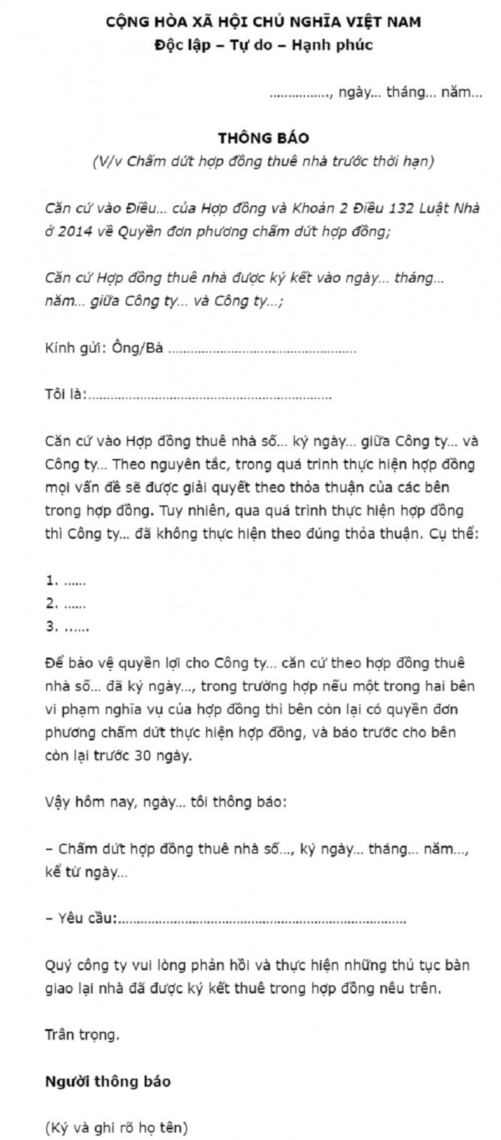 Mẫu thông báo chấm dứt hợp đồng thuê nhà trước hạn từ phía người thuê