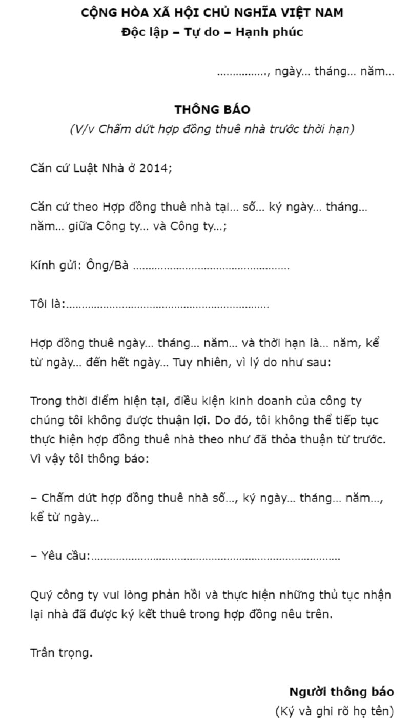 Mẫu thông báo chấm dứt hợp đồng thuê nhà trước hạn từ phía cho thuê