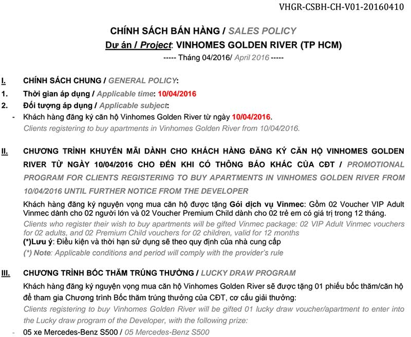 THANH TOÁN VÀ GIÁ BÁN VINHOMES GOLDEN RIVER